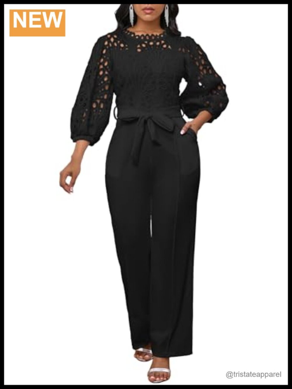 Lace Puff Sleeve Jumpsuit with Pockets Party Evening